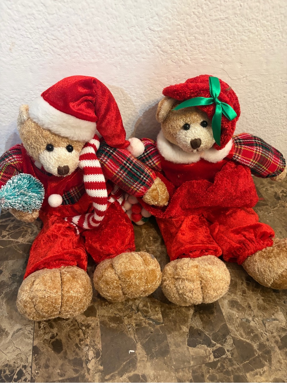 Holiday Red Plush Teddy Bear Pair Decorative Set